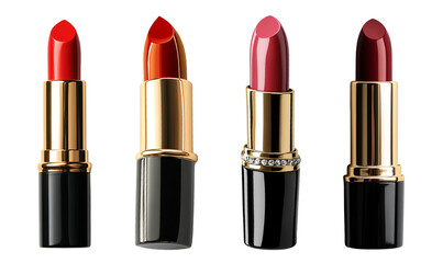 Obraz premium Assorted luxury lipsticks in elegant gold and black cases beauty cosmetics transparent background