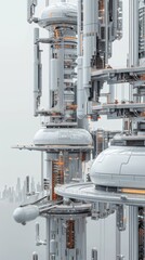 Futuristic cityscape with towering structures, showcasing advanced architecture and technology in a sci-fi urban setting.