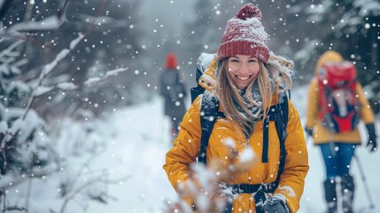 Fototapeta premium Family Enjoying Winter Hike in Snowy Forest - Perfect for Holiday Greeting Cards and Winter Posters