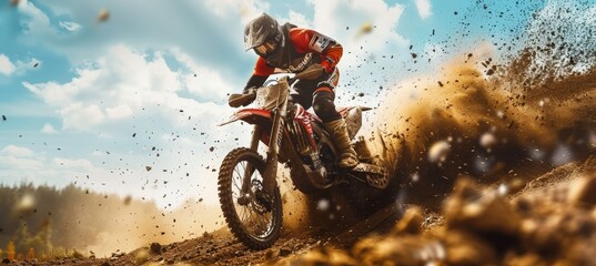 Naklejka premium Thrilling Motocross Rider in Action on Rugged Outdoor Track - Dynamic Sport Photography