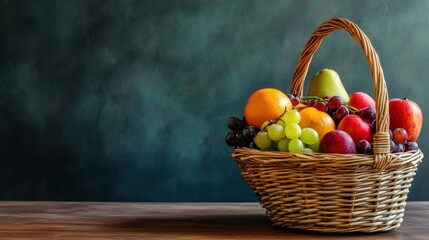 Wicker Basket Filled with Fresh Fruit on a Rustic Wooden Table