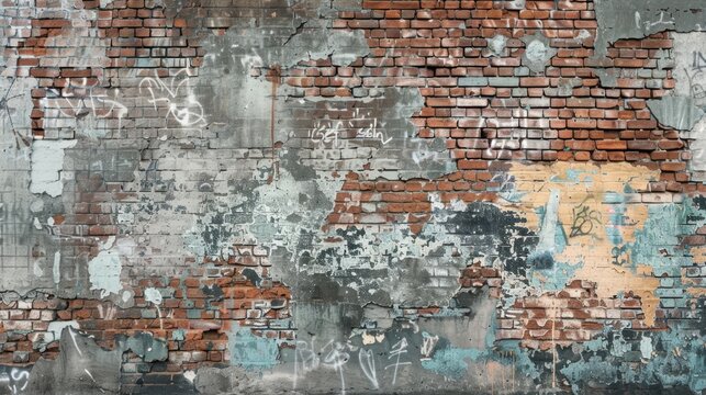 Fototapeta Distressed brick wall with graffiti remnants.