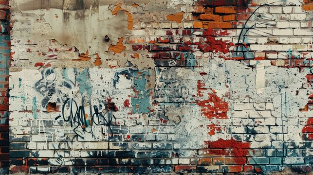 Distressed brick wall with graffiti remnants.
