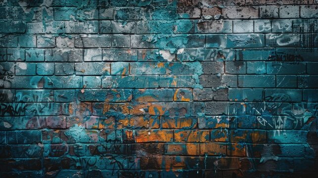 Fototapeta Distressed brick wall with graffiti remnants.