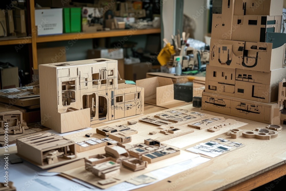 Poster cardboard model pieces on a table. the photo shows the various components of a complex model being a