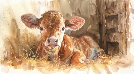 A watercolor painting of a brown calf lying in a barn on a bed of hay.
