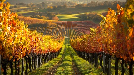 Fototapeta premium A scenic autumn walk through a vineyard, the rows of grapevines turning shades of gold and red, with a distant view of rolling hills