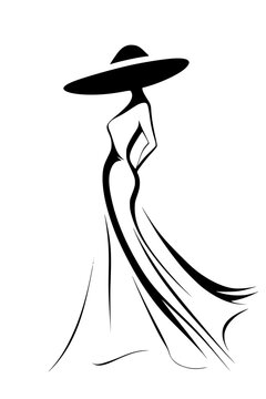 recommend clip art: Elegant black and white fashion illustration of a woman in a dress and hat, Chic black and white silhouette illustration of a stylish woman wearing a long dress and a wide-brimmed hat, representing el