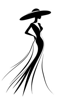 recommend clip art: Elegant black and white fashion illustration of a woman in a dress and hat, Chic black and white silhouette illustration of a stylish woman wearing a long dress and a wide-brimmed hat, representing el