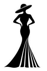 Fototapeta premium Elegant black and white fashion illustration of a woman in a dress and hat, Chic black and white silhouette illustration of a stylish woman wearing a long dress and a wide-brimmed hat, representing el