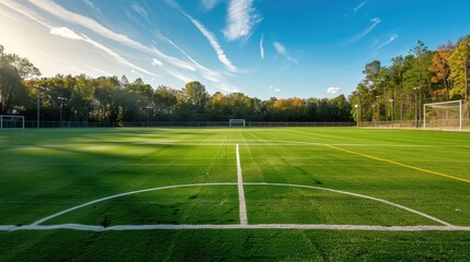 Obraz premium Empty soccer field with crisp white lines.