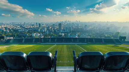 Empty stadium seats with a panoramic city view.
