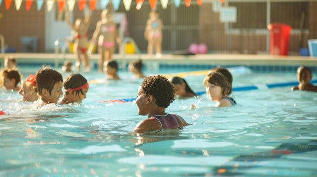 Children Learning to Swim in a Lively Community Pool Setting