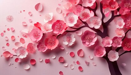 Obraz premium Cherry blossom, Elegant 3D Paper Art of a Blossoming Cherry Tree with Falling Petals and vibrant Spring Pink and Red Tones on a Soft Background