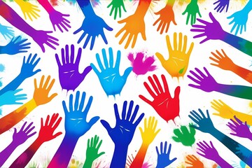 Colorful human hands on white background.