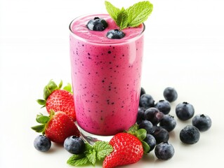 A refreshing berry smoothie garnished with mint and surrounded by strawberries and blueberries.