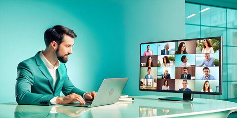 Virtual event planner using digital tools in dynamic workspace setting. stock photo concept.
