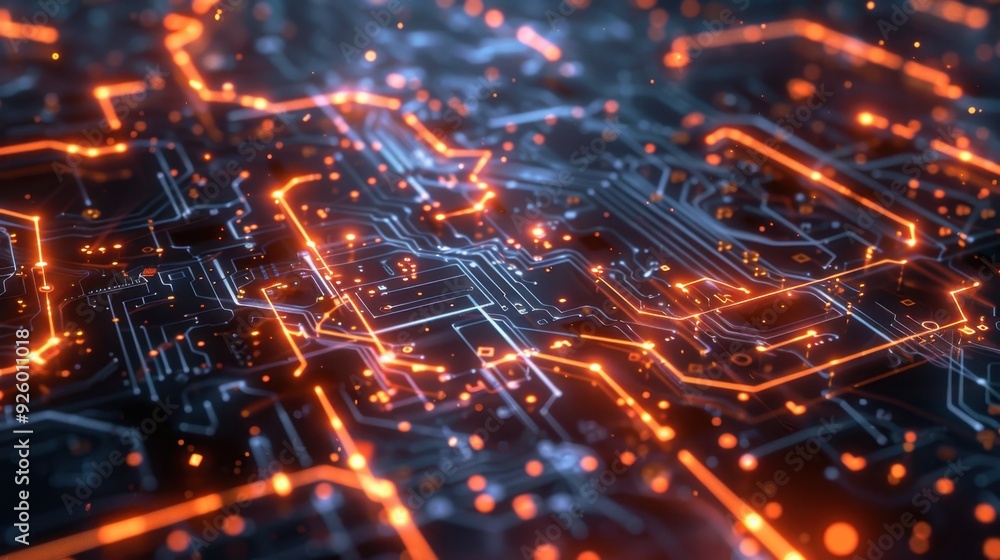 Poster glowing circuit board with digital particles.