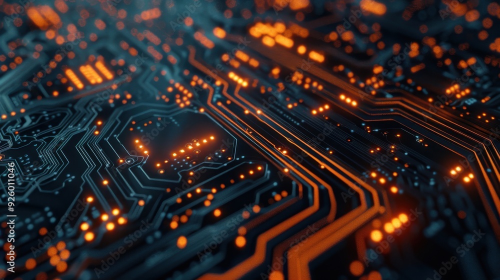 Poster glowing circuit board with digital particles.