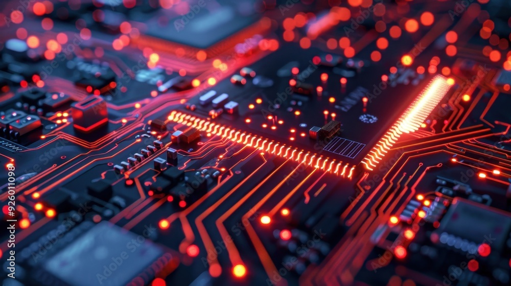 Poster glowing circuit board with digital particles.