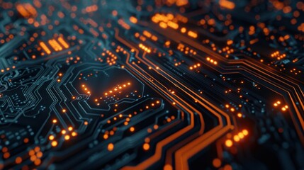 Obraz premium Glowing circuit board with digital particles.