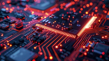 Obraz premium Glowing circuit board with digital particles.
