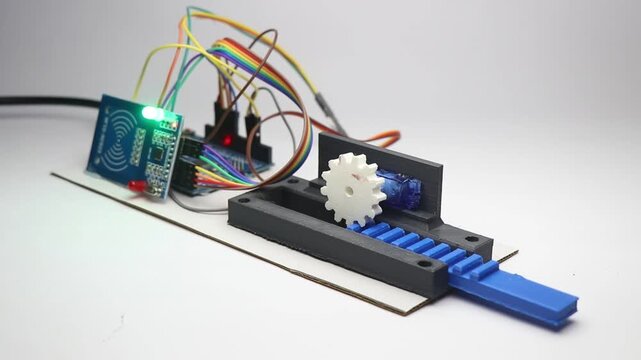 Electronic circuit with programmable controller and 3d printed parts that shows the setup of rack and pinion mechanism controlled by RFID module