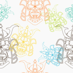 Editable Outline Style Samurai Ancient Japanese Warrior Face Mask Vector Illustration Seamless Pattern in Various Colors for Creating Background of Tourism Travel and Historical or Cultural Education