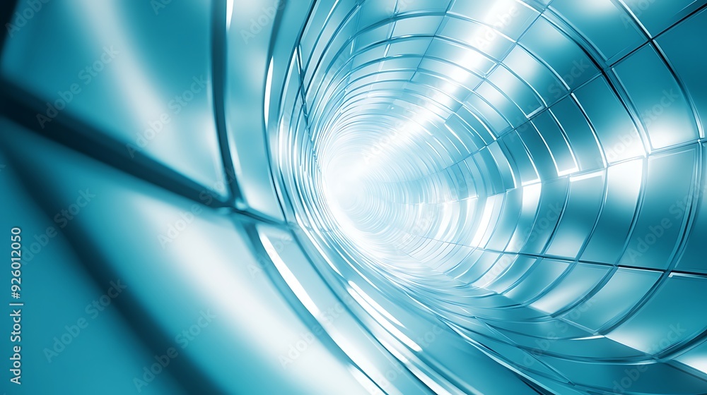 Poster abstract 3d rendering of a blue, shiny, curved tunnel with a bright light at the end.