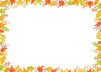 細めの秋の落ち葉フレーム-白背景