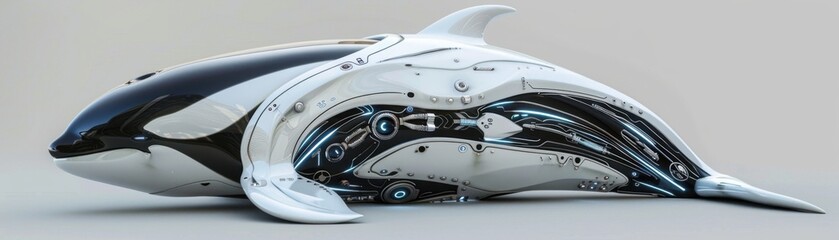 Fototapeta premium Futuristic robotic dolphin with sleek design, showcasing advanced artificial intelligence and cutting-edge technology.