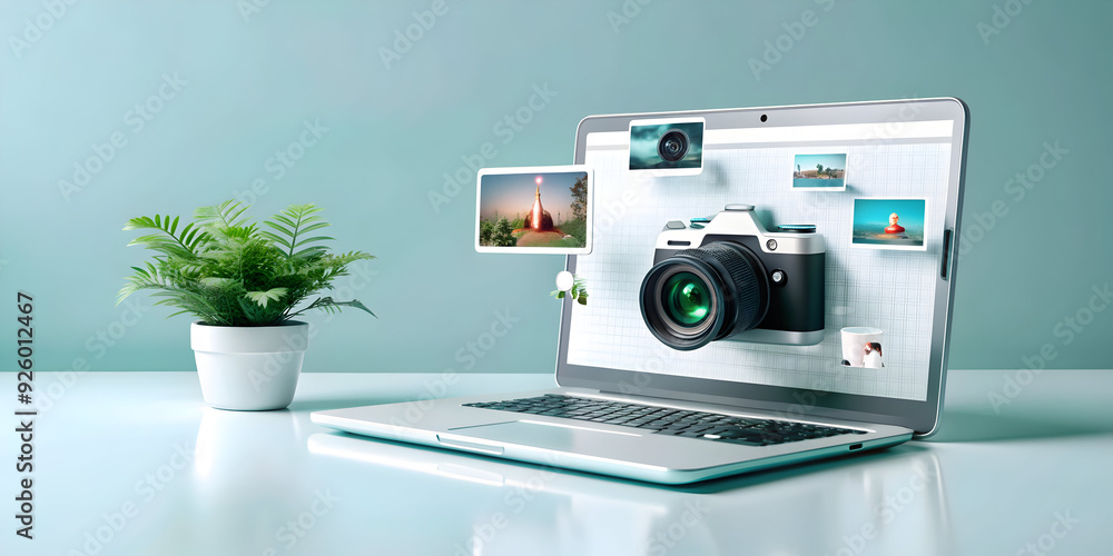 Poster freelancer designing glossy website in modern workspace with emphasis on creativity and adaptability