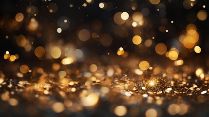 Abstract background with blurred golden lights and glitter.
