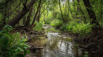 Overgrown banks framing a winding stream.