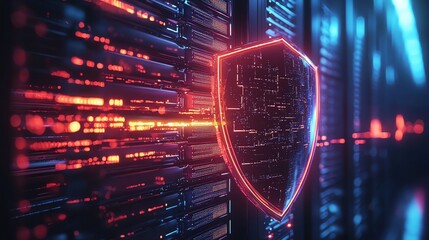 AI and Cyber security, Electron data currents fast running from the left side hit the modern shield that glows on the right side from glowing light and digital data connections, server room background