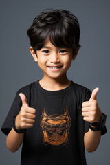 young Asian kid wearing a black outfit is doing a thumb up, isolated on a white isolated background