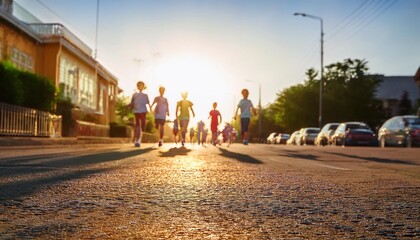 In the early morning, blurred figures of children move along a quiet street, their indistinct forms creating a soft, dreamlike effect as they navigate the tranquil urban landscape