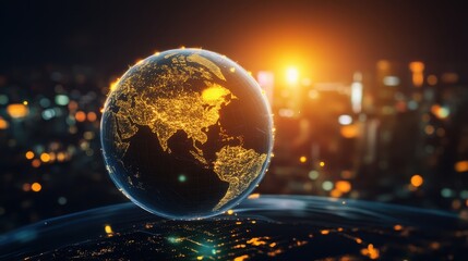 Illuminated Earth at Night with Glowing City Lights and Blurred Urban Skyline in the Background