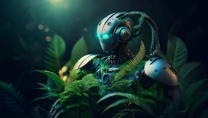 minimalistic abstract background featuring a Nature Robot, set against a dark, cinematic style with an elegant, luxurious light. The design combines simplicity with a touch of opulence, creating a str