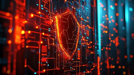 AI and Cyber security, Electron currents running from the left side hit the modern shield that glows on the right side from glowing light and digital data connections, on server room background