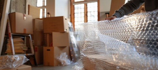 Person Protecting Large Mirror with Bubble Wrap in Spacious Room for Safe Moving and Packing Preparation