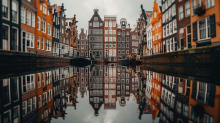 Fototapeta premium Reflections of buildings in a calm canal.