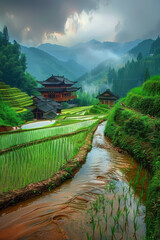 Terraced rice fields with ancient temples - beautiful chinise landscape
