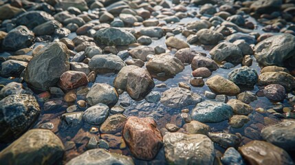 Rocky streambed with smooth, worn stones.