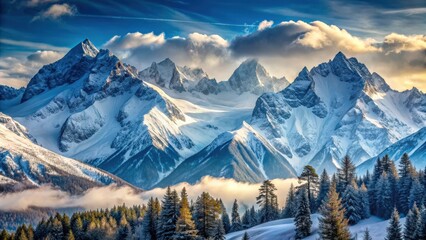 Snow covered mountains with breathtaking views of white-capped peaks and serene landscapes, winter, cold, snow, mountains