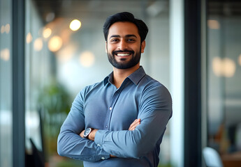 Happy Indian businessman professional leader standing arms crossed in office. Smiling male employee, business man company executive manager, confident eastern entrepreneur at work, 