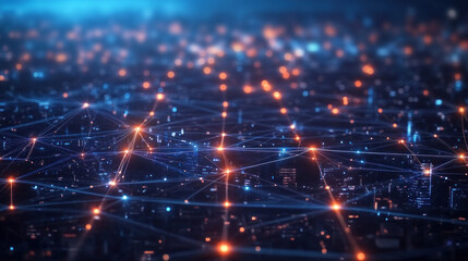 Obraz premium Smart city with network connections and data transfers on a night background