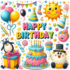 Naklejka premium Happy Birthday Illustration with Cute Characters and Decorations
