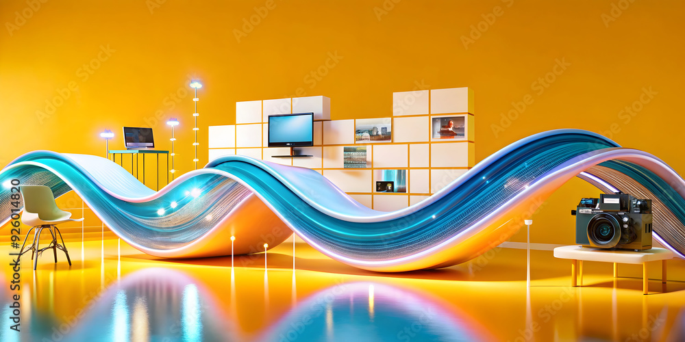 Poster dynamic ai-powered workspace design with abstract waves and futuristic elements. innovation and adap