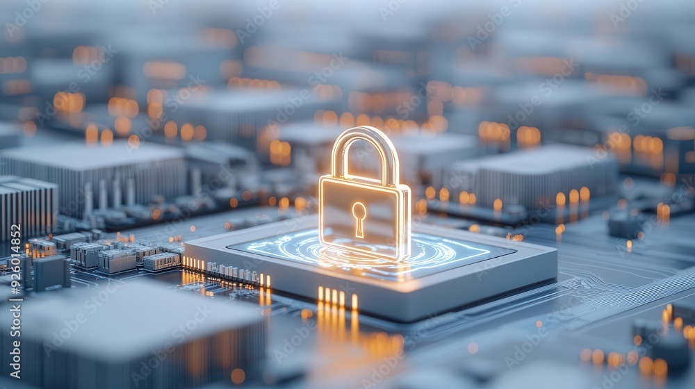 Poster a digital padlock icon over a microchip background, symbolizing cybersecurity and data protection te